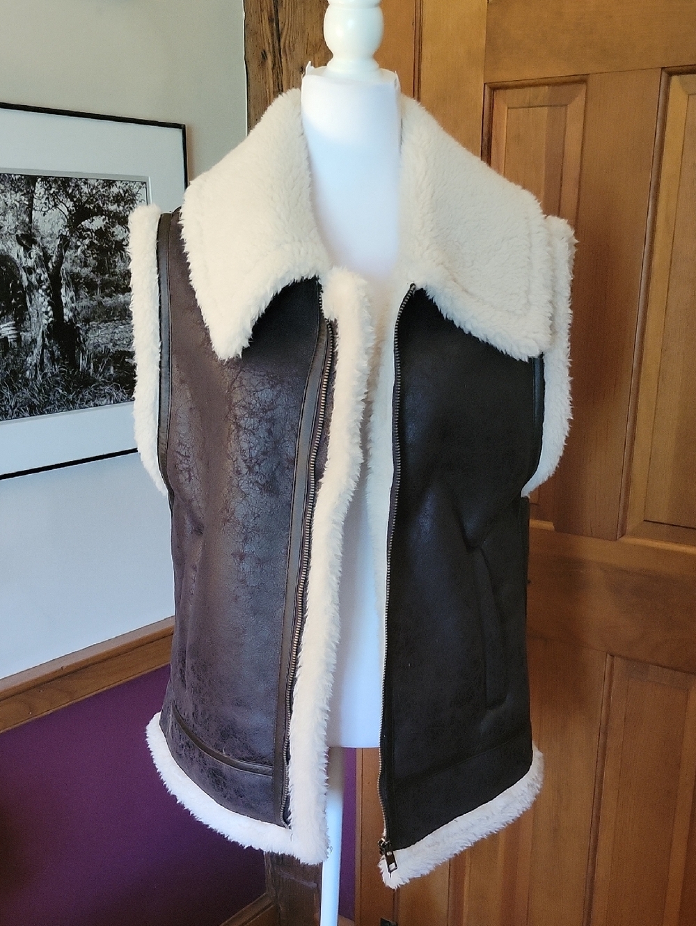 AERIE OFFLINE Faux Shearling Lined Brown Vest with Cream Collar - Picture 6 of 14